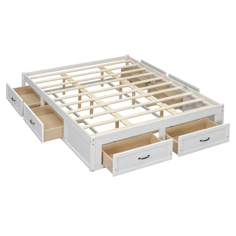 Queen Size Platform Bed Frame with 6 Built-In Storage Drawers, No Headboard, Low Profile Design in Antique