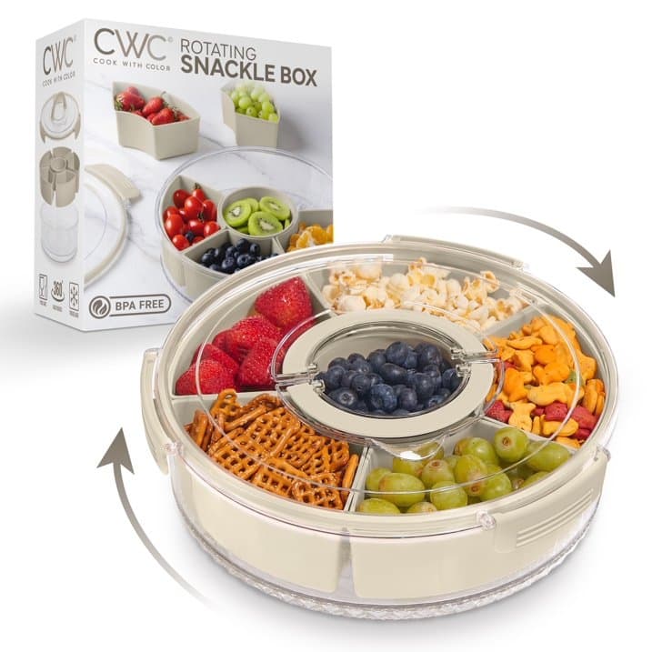 COOK WITH COLOR Round Snackle Box – 6-Compartment Serving Tray with Lid and Handle,Kids Lunch Box & Meal Prep Snack Container