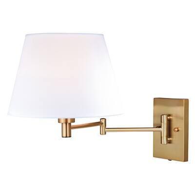 Chapeau Plug-In Brass Cone Motion Sensor Swing Arm Wall Lamp White Linen Shade - 12-in W x 13-in H x 22.25-in D