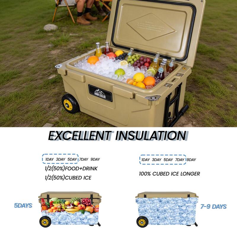 65 Quart Khaki Cooler, Ultra-Tough Hard Shell Ice Chest, Heavy-Duty Insulated Portable Cooler with 6-Day Ice Retention