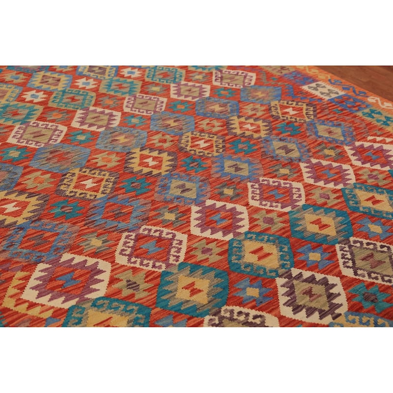 Geometric Trellis Kilim Oriental Area Rug Flatweave Orange Wool Carpet - 8'6"x 11'5"