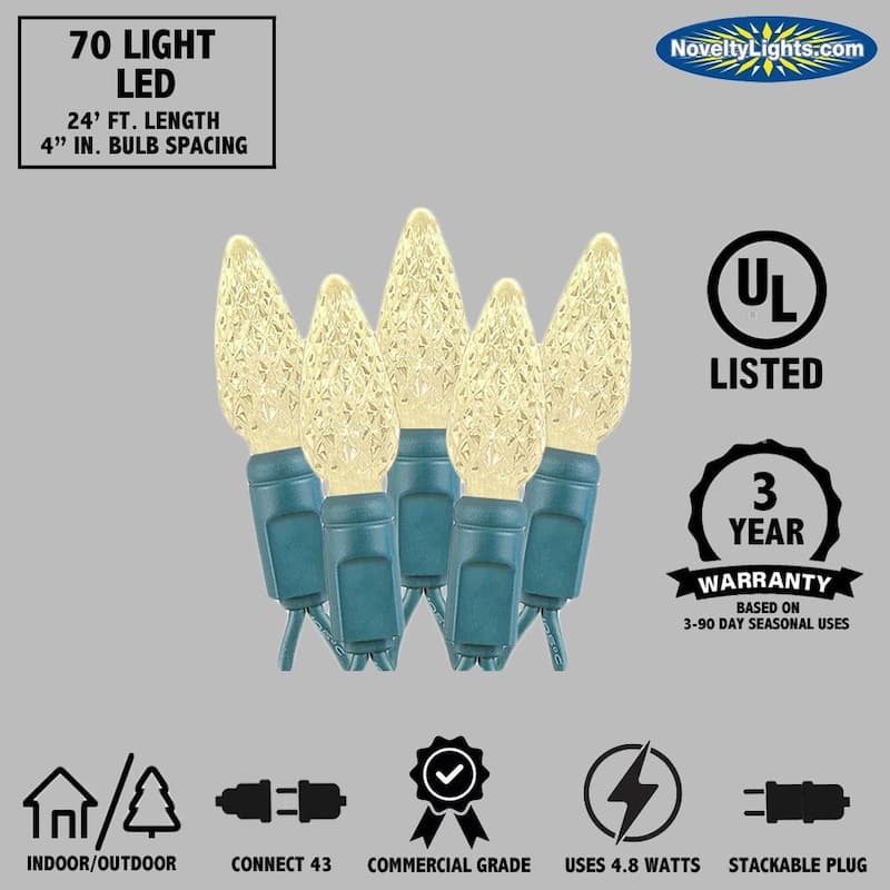 70 Light C6 LED Christmas Mini Light Set, Red/Green, Green Wire, 24 Feet - Large