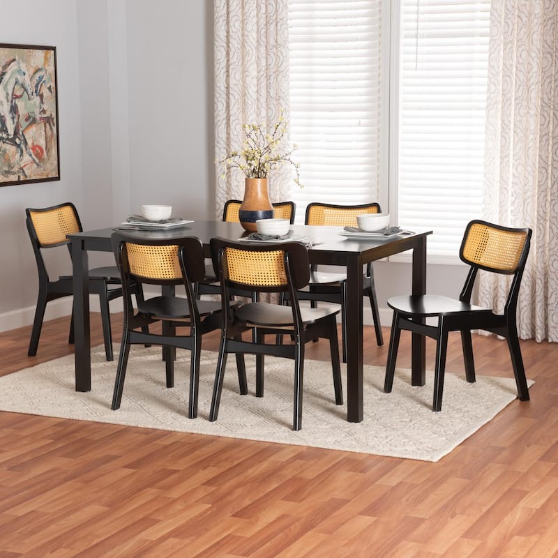 Estera Mid-Century Modern Wood and Rattan 7-Piece Dining Set