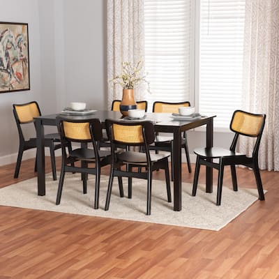 Estera Mid-Century Modern Wood and Rattan 7-Piece Dining Set