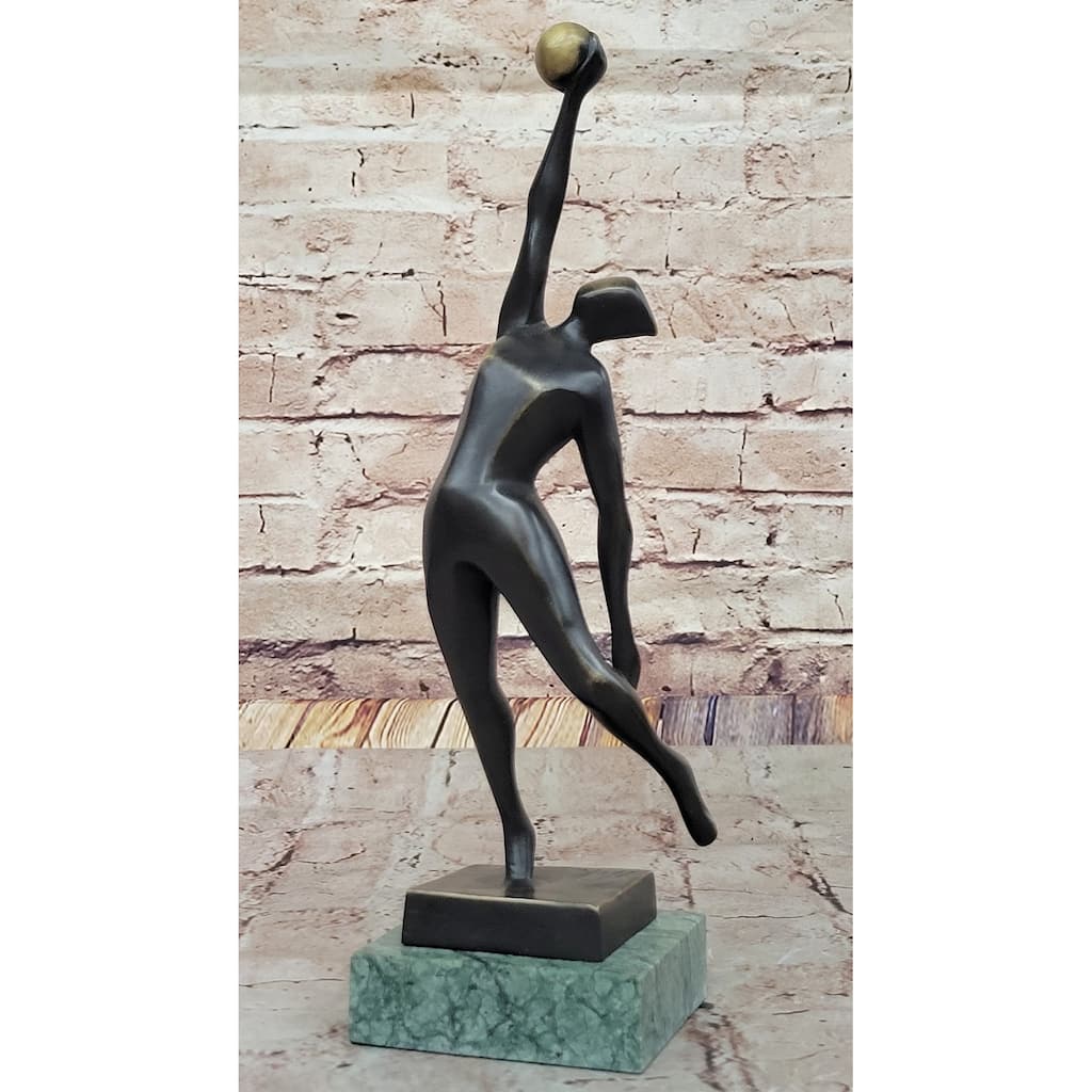 Modern Abstract Bronze Sculpture – Volleyball Athletic Figure With Ball On Marble Base