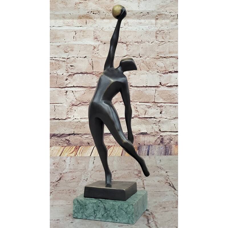 Modern Abstract Bronze Sculpture – Volleyball Athletic Figure With Ball On Marble Base