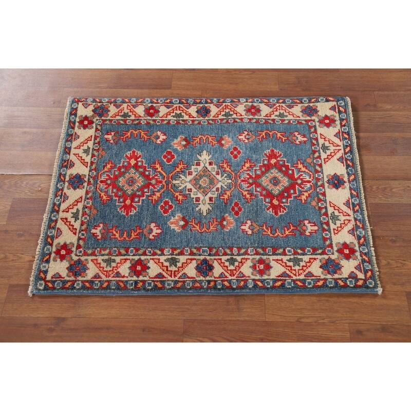 Blue Geometric Kazak Oriental Foyer Rug Handmade Wool Carpet - 2'1" x 2'10"