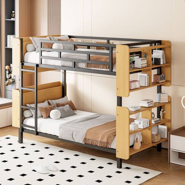 slide 2 of 14, Twin Over Twin Metal Bunk Bed with Ladder & Storage Shelves, No Box Spring, Black Black