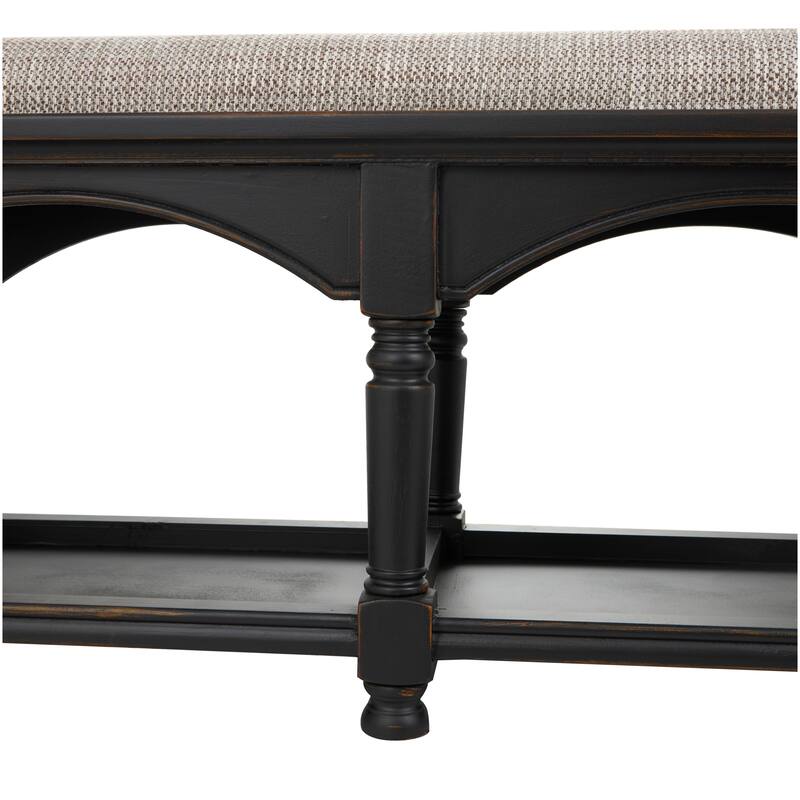 Fabric Arched Storage Bench with Traditional Turned Legs and Beige Cushion - Black - Roche River Decor - 16"Wx59"Lx19"H