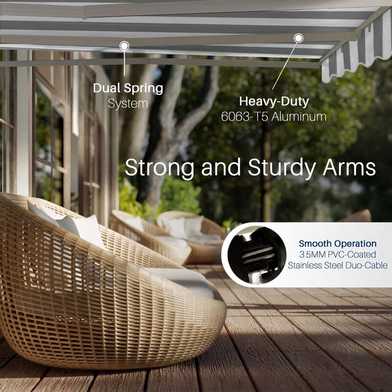 ALEKO Caribbean Manual Retractable Patio Awning - White Frame - Seagull Gray & White Striped - 13 x 10 Feet