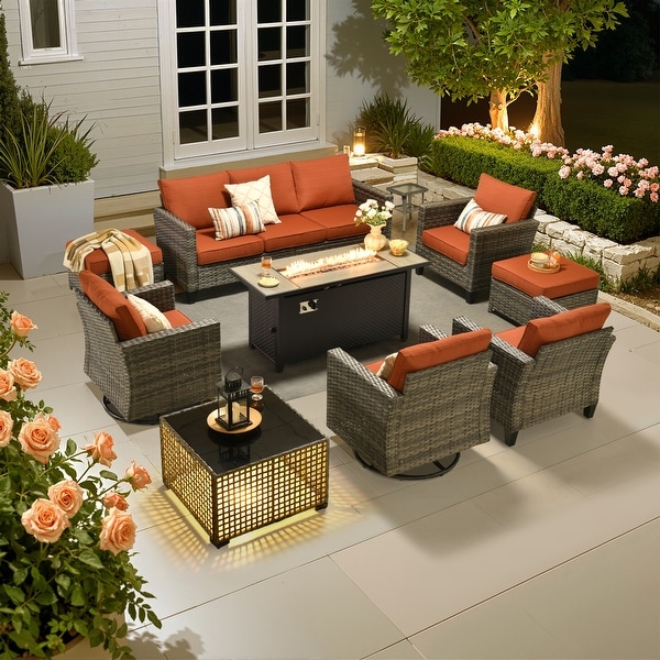 OVIOS 10 Pieces Outdoor Swivel Chair Set with Solar-Powered Table