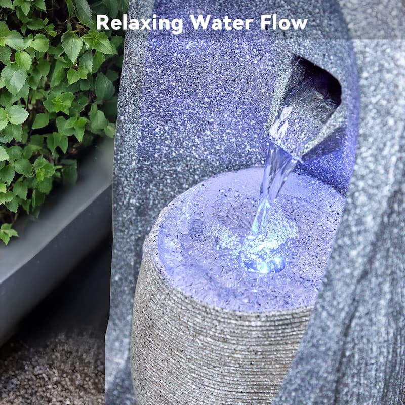 Vbal Modern Minimalist Gray Resin and Fiberglass Fountain with LED Lights Weather Resistant for Indoor and Outdoor