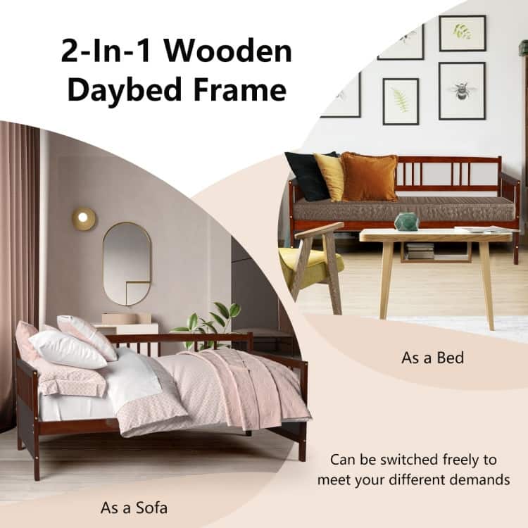 Cherry Pine Wood Twin Daybed Frame with Storage Space and Durable Slat Support