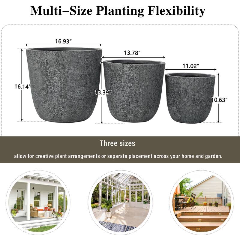 Lightweight Planter Set of 3,16.93"+13.78"+11.02"Dia Round Concrete Stackable Flower Pots with Drainage Holes and Rubber Plug
