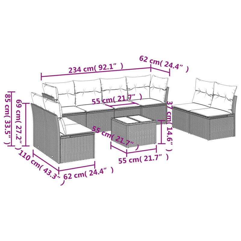 vidaXL 8/9 Piece Patio Sofa Set with Cushions Brown/Gray Poly Rattan - 24.4 x 24.4 x 27.2