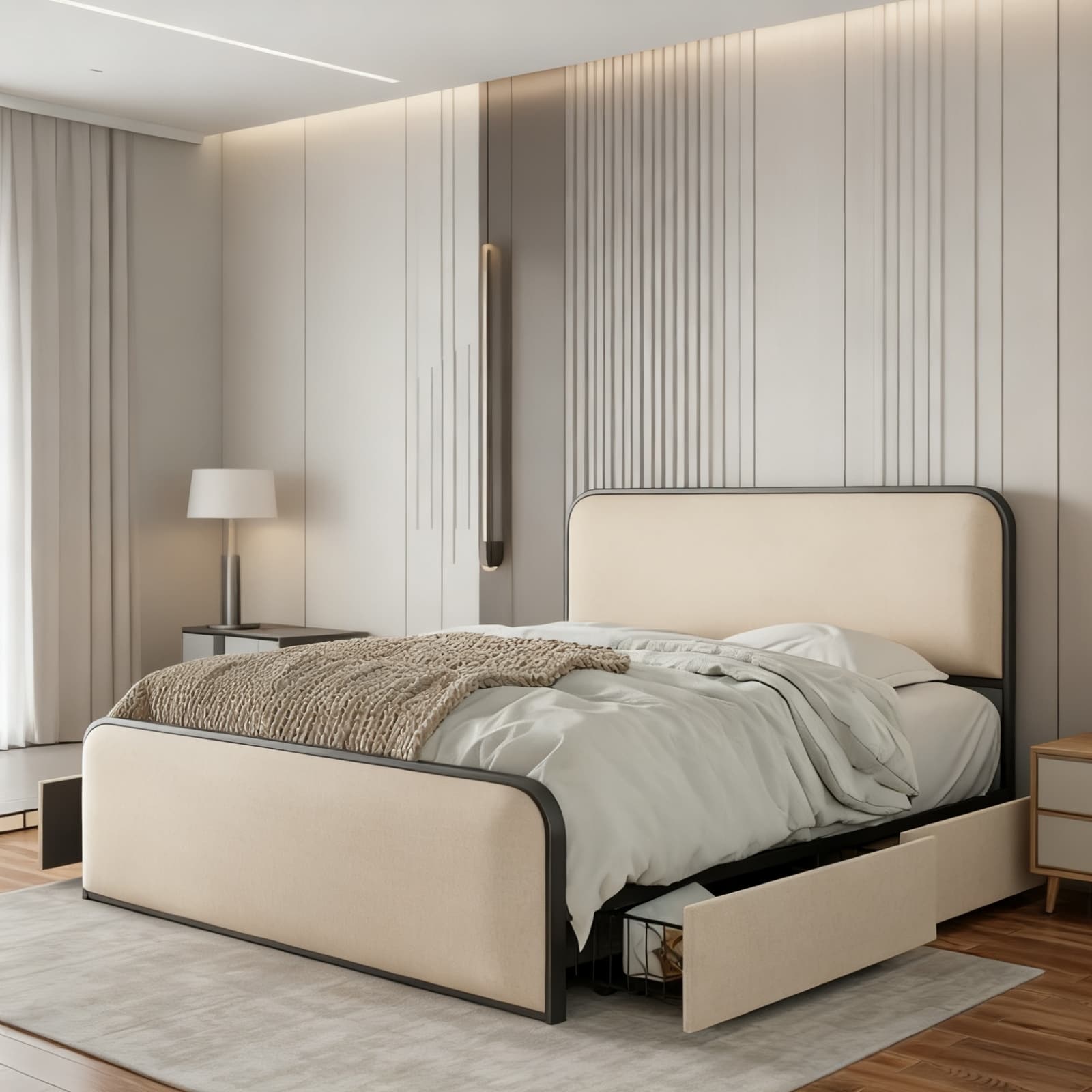 Modern Metal Storage Bed Frame with Upholstered Headboard, 4 Drawers