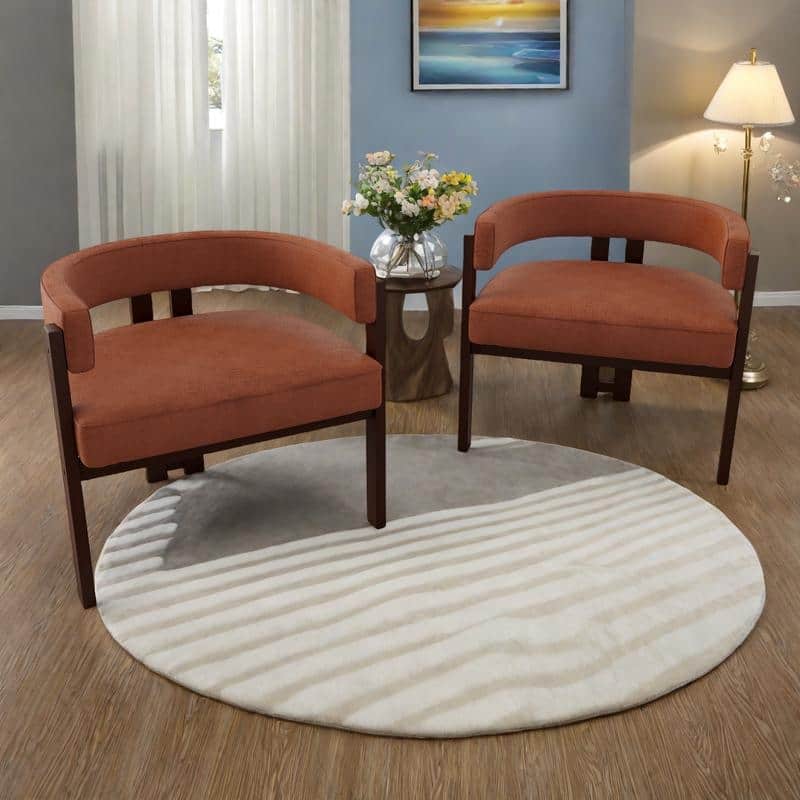 Chenille Barrel Chair with 3-Legged Open Back Accent Chair (Set of 2, 300lb Capacity) - Orange