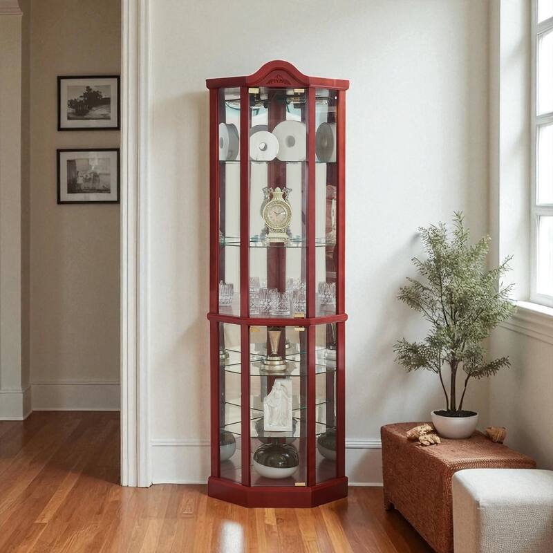 Lighted Corner Curio Cabinet with Glass Doors, Adjustable Shelves & Carved Cherry Decor, Elegant Display Cabinet for Home