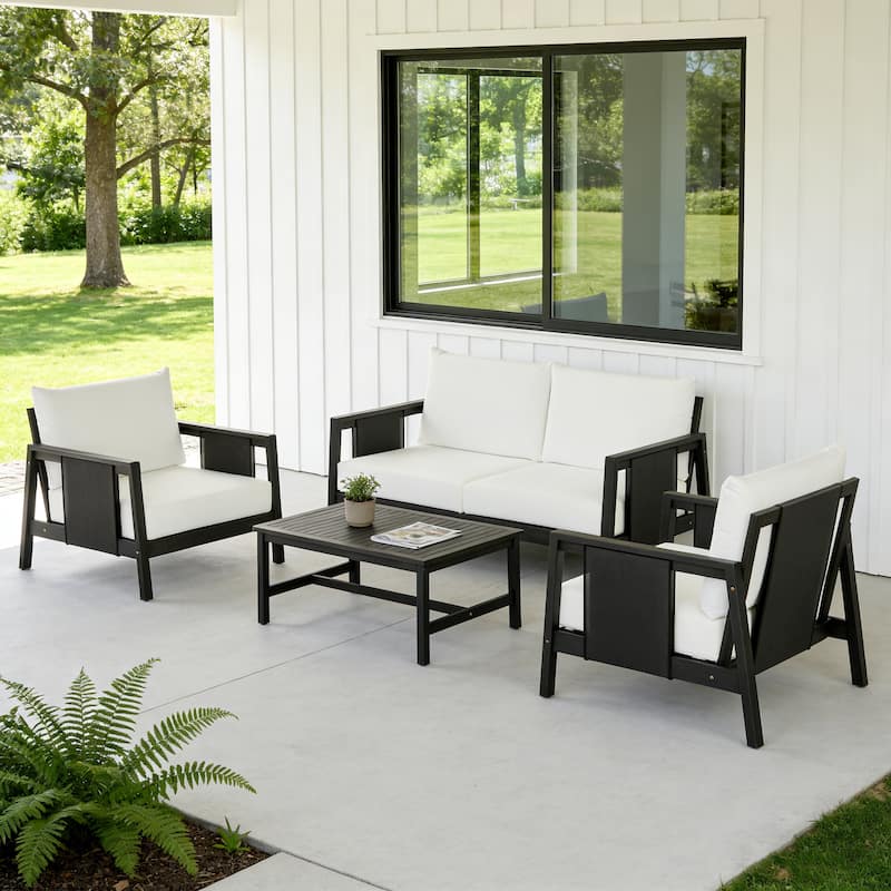 Christopher Knight Home - Arno Mid-Century Modern Outdoor Acacia Wood Sofa Seating Set with Cushions and Coffee Table - Dark Grey+Black Textilene+White cushion