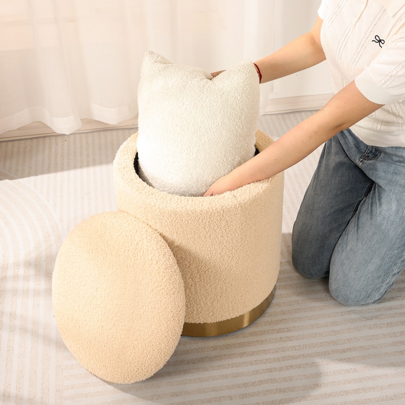 Adeco Velvet Round Storage Stool Gold Plating Base Storage Ottoman