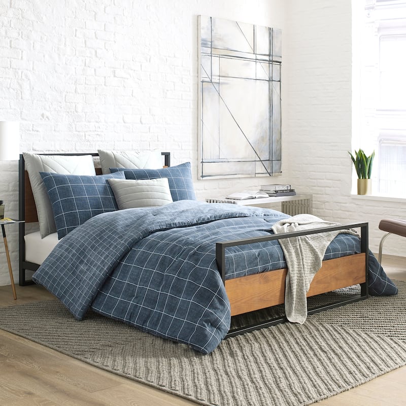 Kenneth Cole New York Holden Grid Blue Comforter Set - Full - Queen
