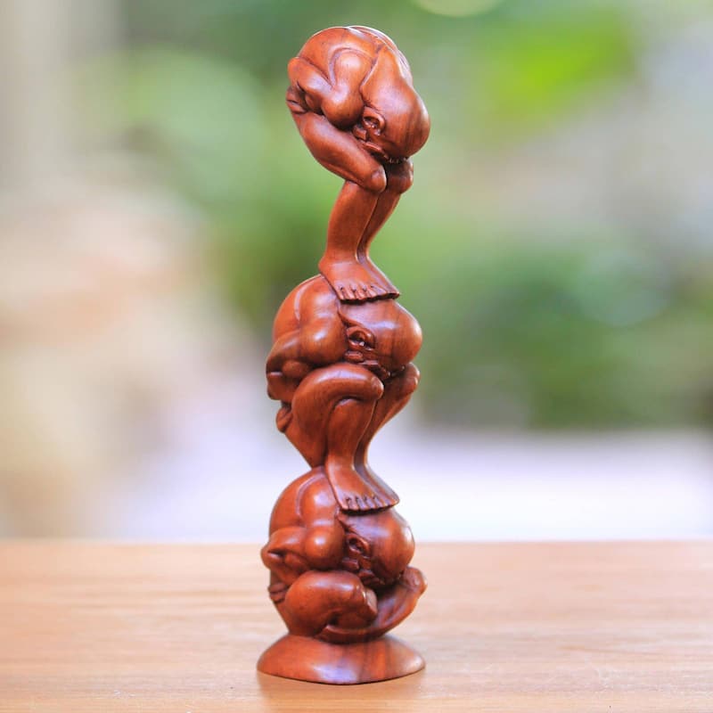 Handmade Three Level Yogi Wood statuette (Indonesia) - 36 x 17 x 15
