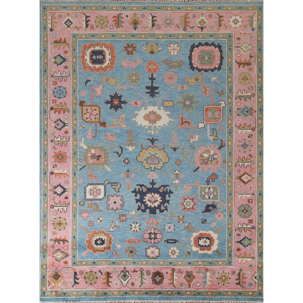Light Blue & Pink Oushak Oriental Area Rug Wool Carpet - 7'10"x 9'9"