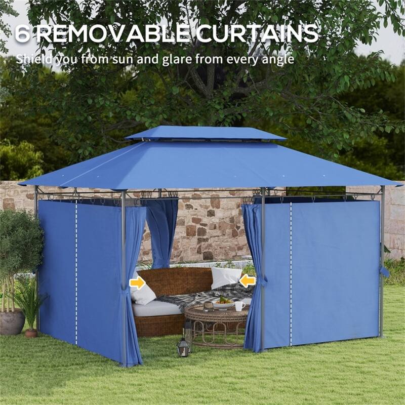 Large Metal Deck Gazebo with Two-Tier Roof and Removable Curtains Water-Drain Design for 12-Person