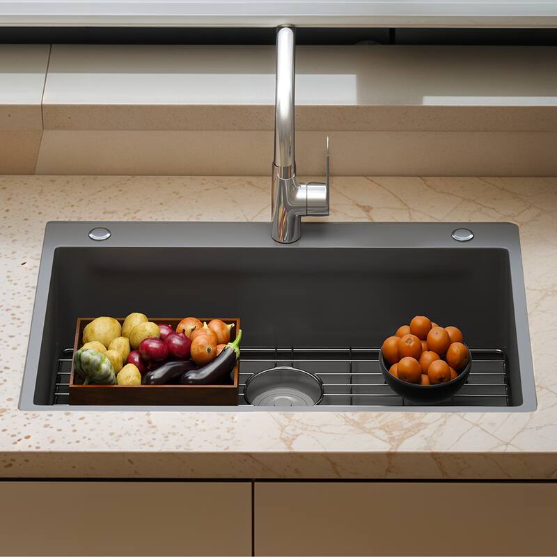 33 Inch Drop In Kitchen Sink Top mount Stainless Steel Black Sink w/Sink Protector Single Bowl Drop-in Sink for Workstation