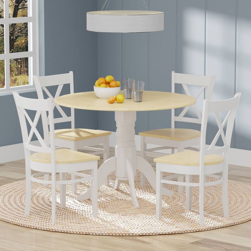 5-Piece Dining Set, 42" Round Drop-Leaf Table and Cross Back Chairs - White/Natural Table + White/Natural Chairs