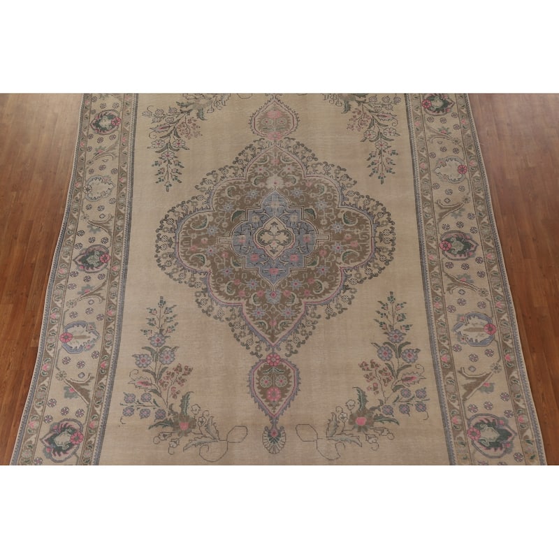 Distressed Geometric Tabriz Persian Rug Hand-knotted Wool Carpet - 9'8" x 12'11"