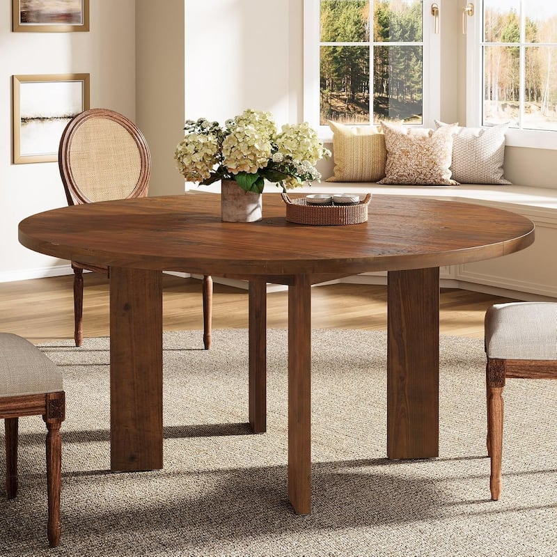47.24" Farmhouse Solid Wood Round Dining Table for 4-6 People - Brown - Brown