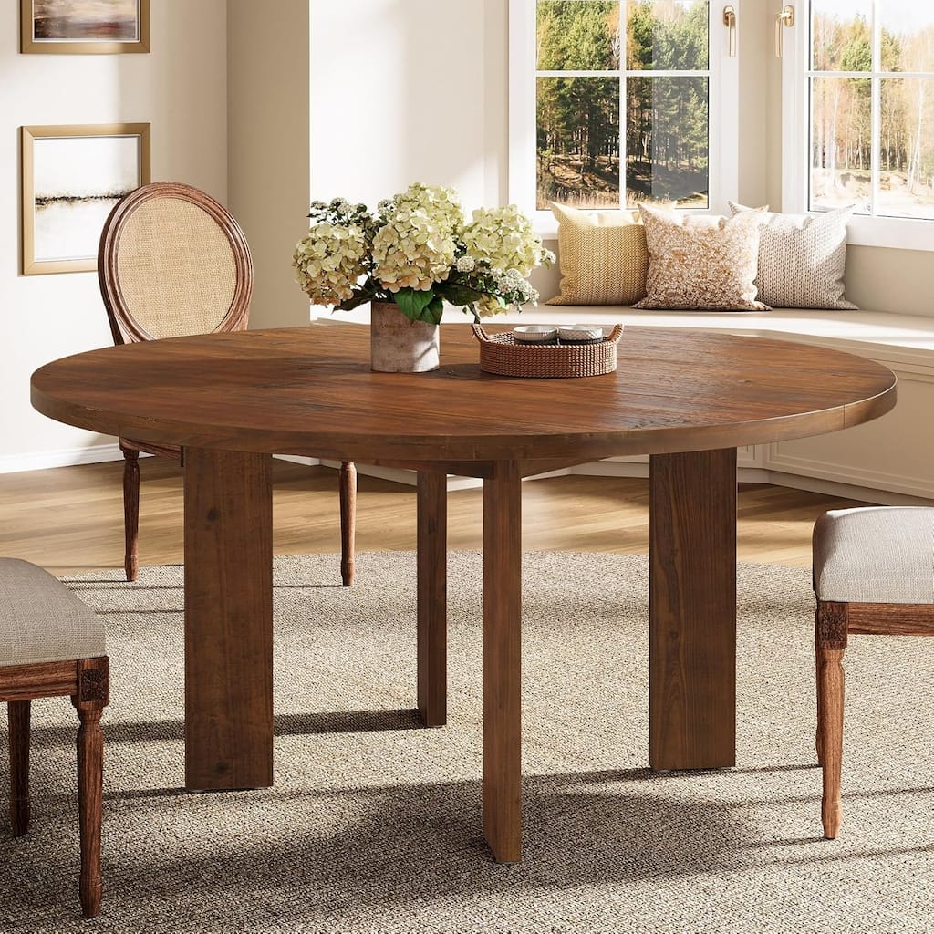 47.24" Farmhouse Solid Wood Round Dining Table for 4-6 People - Brown