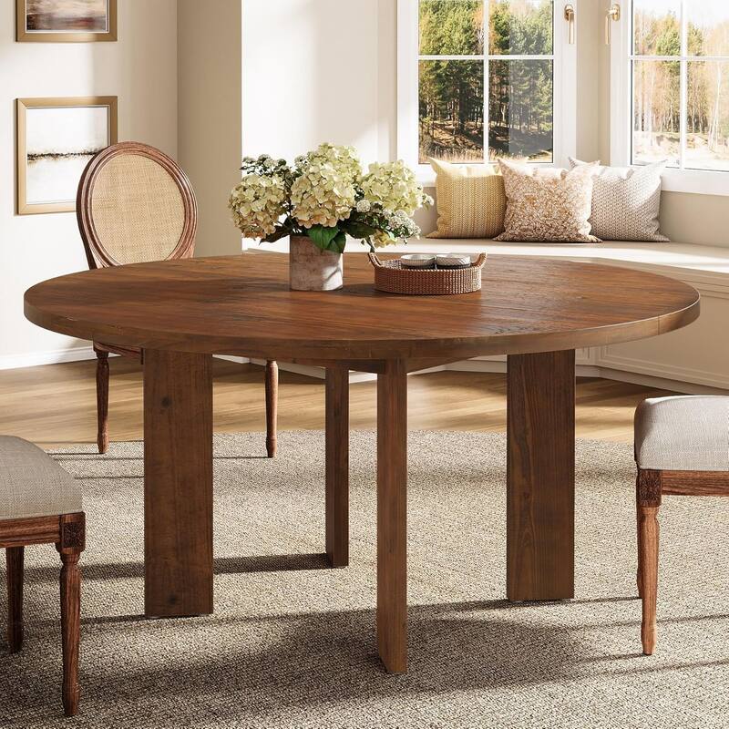 47.24" Solid Wood Round Dining Table, Farmhouse Dinner Table for Dining Room, Natural Brown