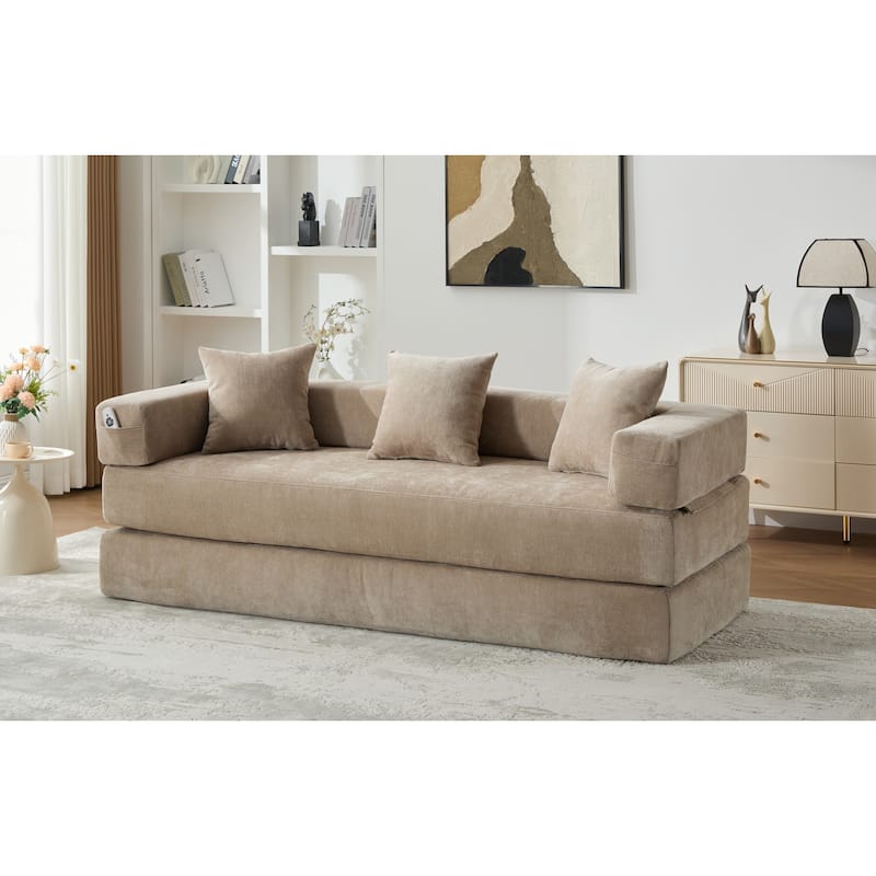 HOMEFUN Chenille Upholstered Convertible Foldable Memory Foam Sleeper Sofa with Pillows for Living Room - Khaki