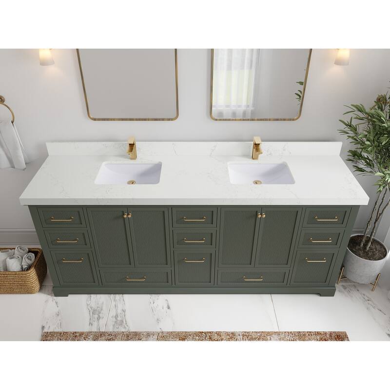 Willow Collections 84 in. W x 22 in. D Alys Double Bowl Sink Bathroom Vanity with Countertop - 2"Empira White - Pewter Green