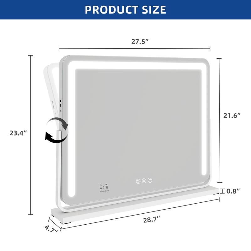 Moasis LED Lighted Makeup Mirror with Touch Screen 3 Colors Lighting Vanity Mirror w/ Wireless Charger and Speaker
