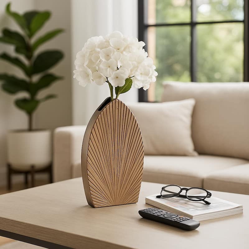 Decorative Metal Flower Vase With Grooved Detailing - Stylish Chic Home Accent Decor