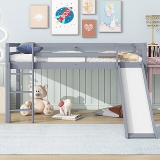 Twin Low Loft Bed with Slide, Ladder, Safety Guardrails, Rubber Wood Twin Loft Bed