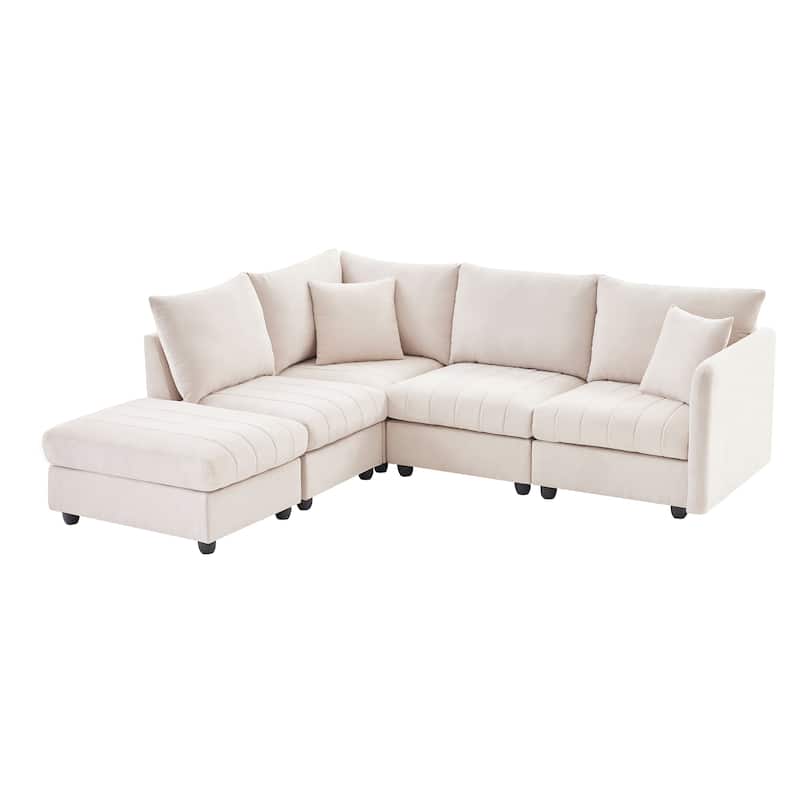 89" Linen-Blend L-Shaped Sectional Sofa with Ottoman, 2 Pillows and Pocket Springs, 360lb Capacity