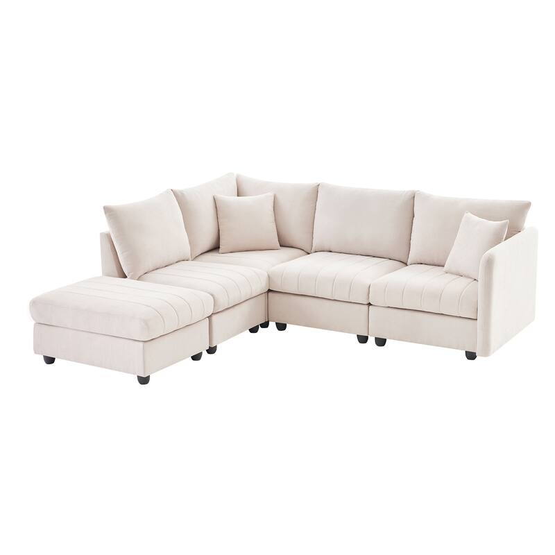 Modular L-Shaped Sectional Sofa with Movable Ottoman, 5 Seat Corner Couch with Throw Pillows, Comfy Cloud Upholstered Sofa