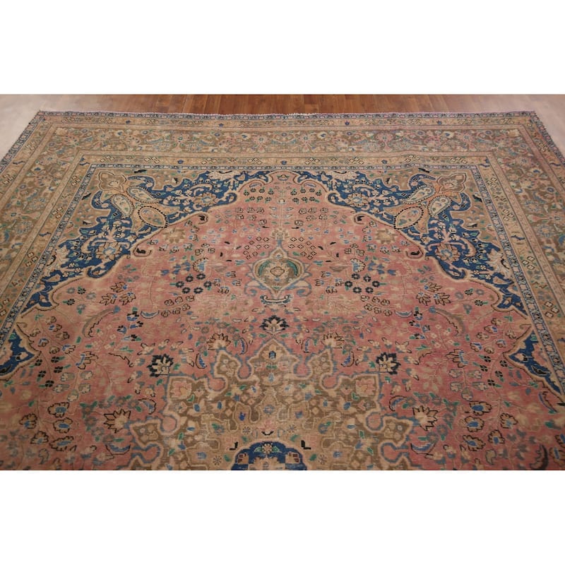 Distressed Mashad Persian Vintage Area Rug Hand-Knotted Wool Carpet - 9'7" x 12'7"