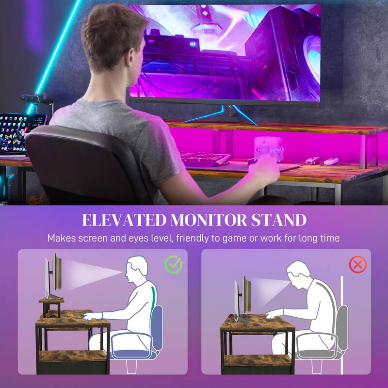 Modern Computer Gaming Desk with LED Lights and Power Outlets and Storage Shelves for Home Office or Bedroom