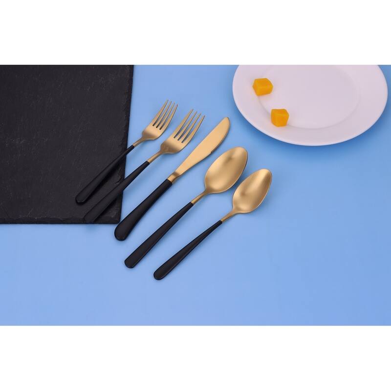 20 Pc Flatware Set Matte Gold With Black Handles - Service For 4