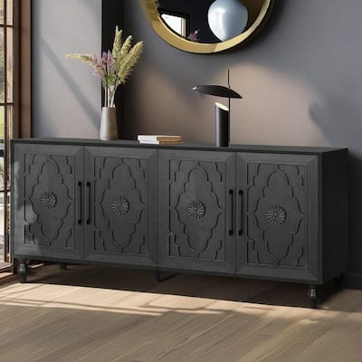 Emma Carved Flower Door Large Storage Sideboard Cabinet with Metal Handles by GDFStudio
