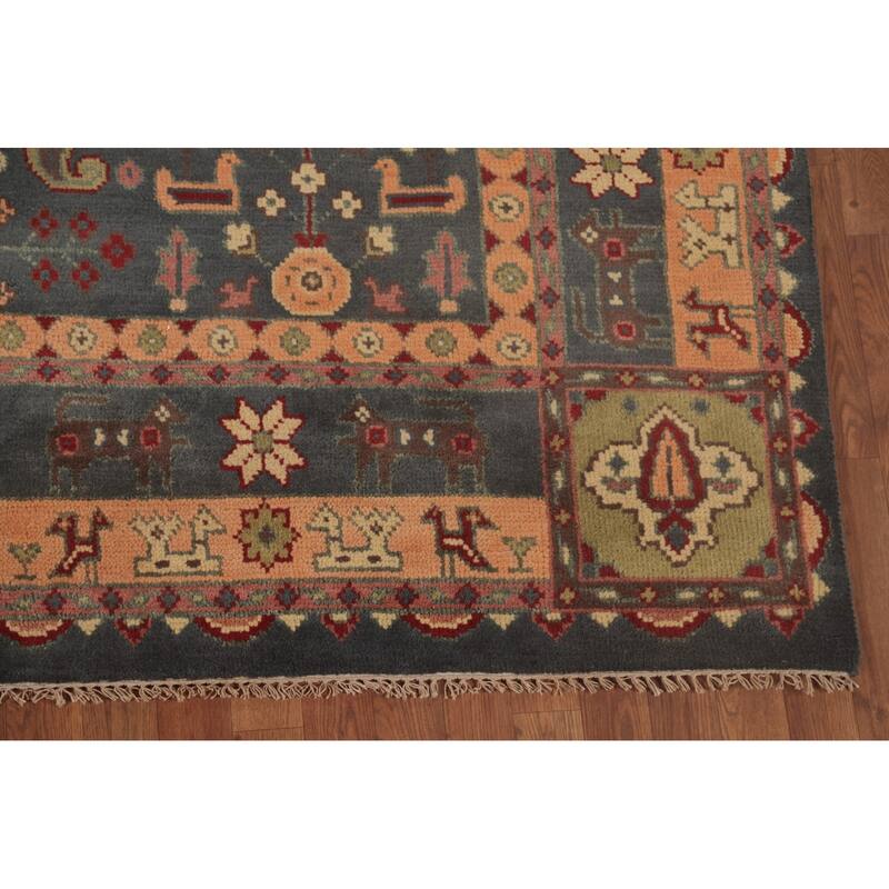 Geometric Kazak Area Rug Handmade Traditional Grey Wool Carpet - 7'9"x 9'9"