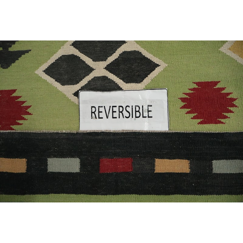 Hand Woven Oriental 100% Wool Carpet Southwestern Tribal Green Kilim Area Rug - 13' 2'' X 8' 7''