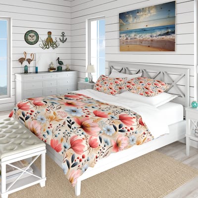 Designart "Blue And Coral Vintage Poppy Dreams I" Blue Floral Bedding Set With Shams