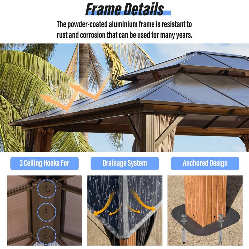 EROMMY Outdoor Wood Gazebo with Double Polycarbonate Roof, Heavy Duty Backyard Patio Pergola Canopy for Garden Shade