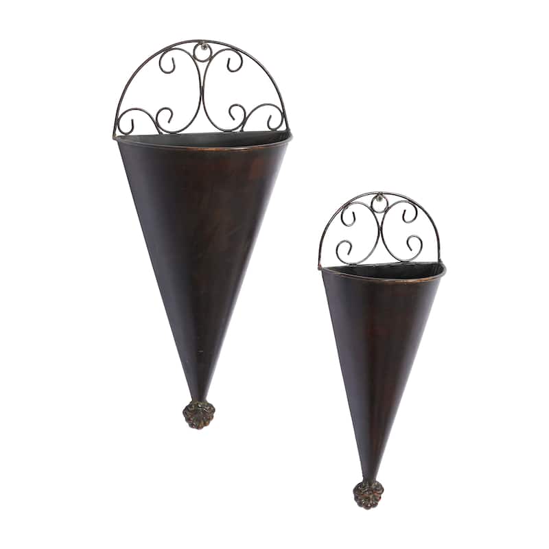 Black Metal Indoor Outdoor Cone Scroll Indoor Outdoor Wall Planter (Set of 2)